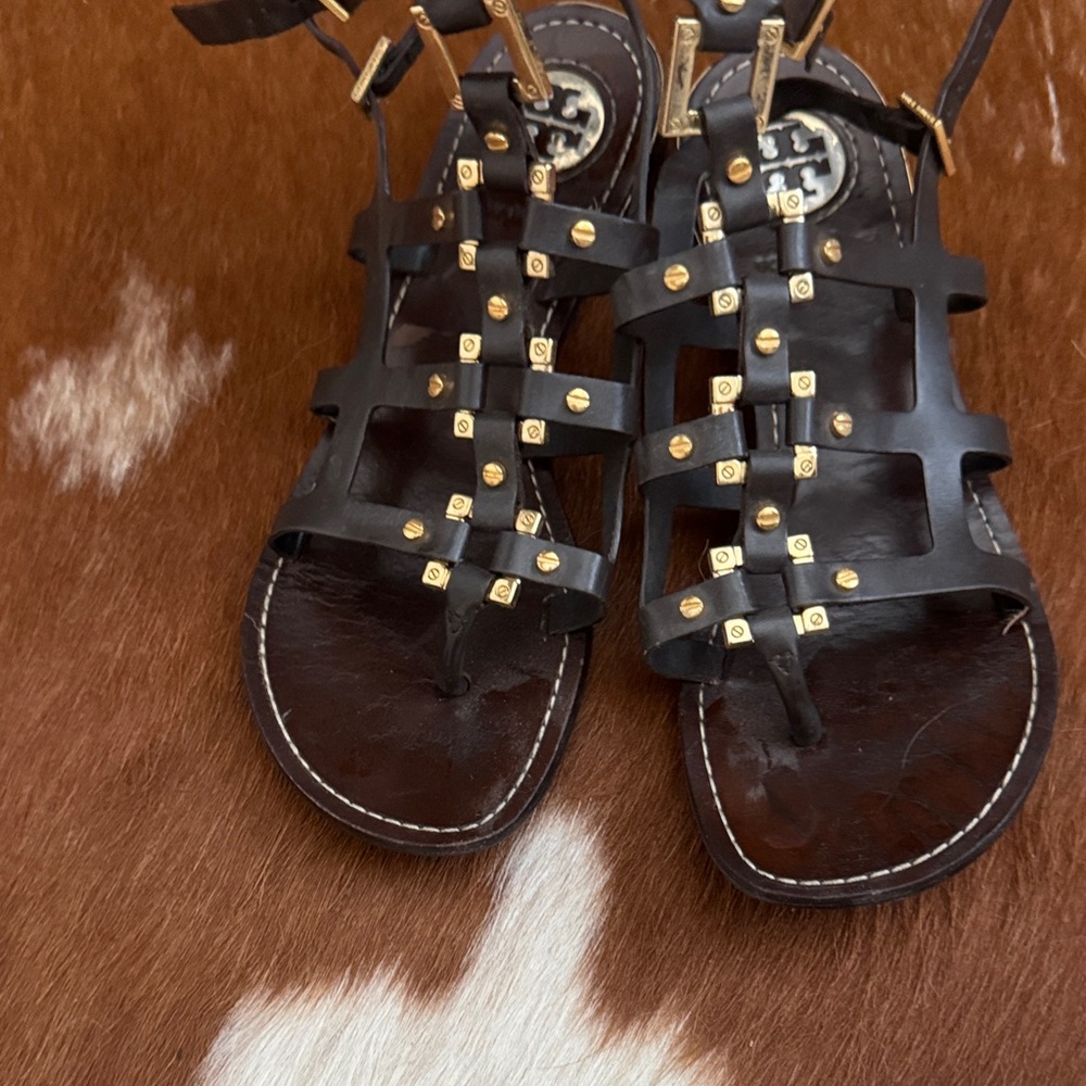 Tory Burch Black and Gold Studded Sandals
